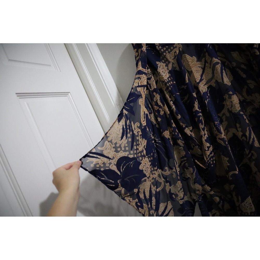 Laasoul Navy & Gold Floral Kimono Open Front Sheer Cover Up Bohemian Resort Wear - Picture 3 of 7